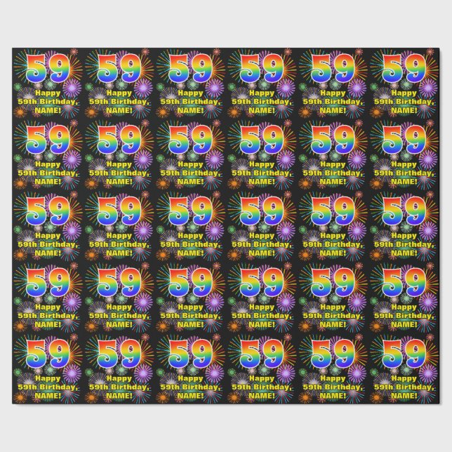 59th Birthday: Fun Fireworks, Rainbow Look # “59” Wrapping Paper (Seam)