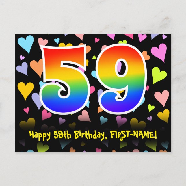 59th Birthday: Fun Hearts Pattern, Rainbow 59 Postcard (Front)