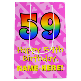 59th Birthday: Fun Pink Hearts Stripes; Rainbow 59 Medium Gift Bag