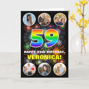 59th Birthday: Fun Rainbow #, Custom Name & Photos Card