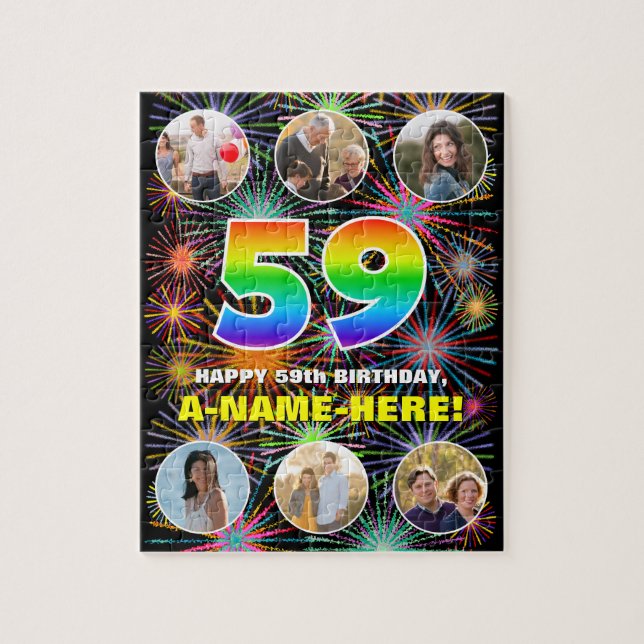 59th Birthday: Fun Rainbow #, Custom Name + Photos Jigsaw Puzzle (Vertical)