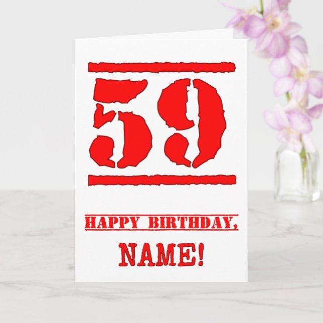 59th Birthday: Fun, Red Rubber Stamp Inspired Look Card (Orchid)