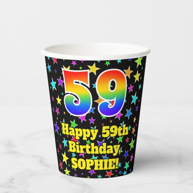59th Birthday: Fun Stars Pattern and Rainbow 59 Paper Cups (Front)