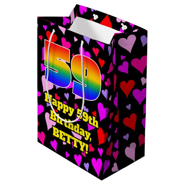 59th Birthday: Loving Hearts Pattern, Rainbow # 59 Medium Gift Bag (Back Angled)