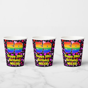 59th Birthday: Loving Hearts Pattern, Rainbow 59 Paper Cups