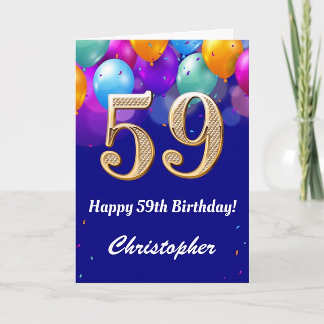 59th Birthday Navy Blue and Gold Colourful Balloon Card (Front)