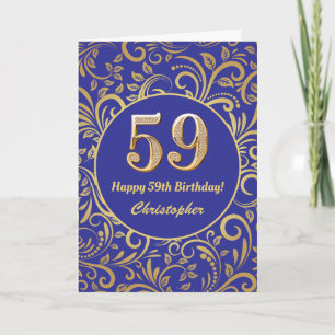 59th Birthday Navy Blue and Gold Floral Pattern Card