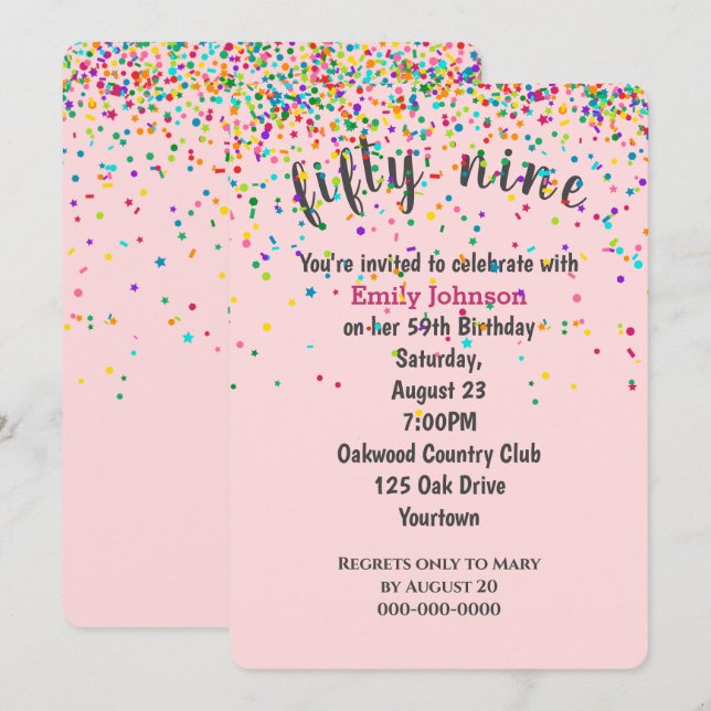59th Birthday Party Confetti On Pink Invitation (Front/Back)
