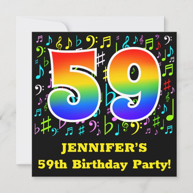59th Birthday Party: Fun Music Symbols, Rainbow 59 Invitation (Front)