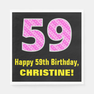 59th Birthday: Pink Stripes and Hearts "59" + Name Napkin