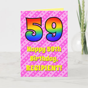 59th Birthday: Pink Stripes & Hearts, Rainbow # 59 Card