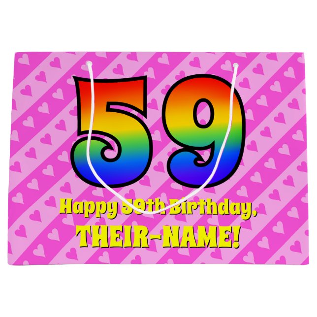 59th Birthday: Pink Stripes & Hearts, Rainbow # 59 Large Gift Bag (Front)