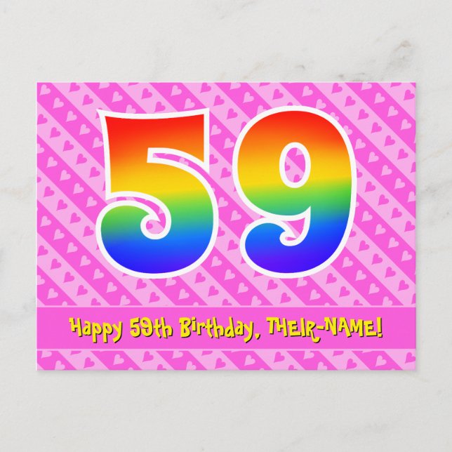 59th Birthday: Pink Stripes & Hearts, Rainbow 59 Postcard (Front)