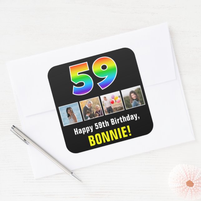 59th Birthday: Rainbow “59”; Custom Photos & Name Square Sticker (Envelope)