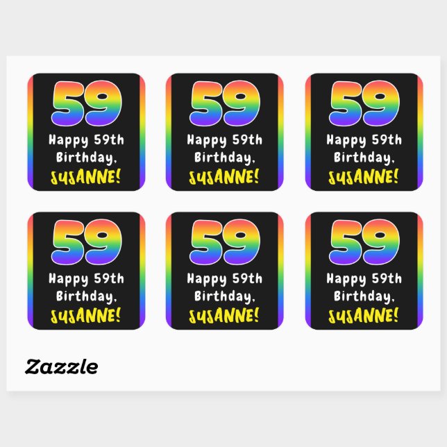 59th Birthday: Rainbow Spectrum # 59, Custom Name Square Sticker (Sheet)