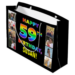 59th Birthday: Rainbow Text, Custom Photos & Name Large Gift Bag