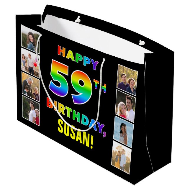 59th Birthday: Rainbow Text, Custom Photos & Name Large Gift Bag (Back Angled)
