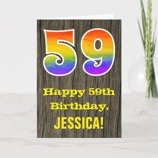 59th Birthday: Rustic Faux Wood Look, Rainbow "59" Card (Front)