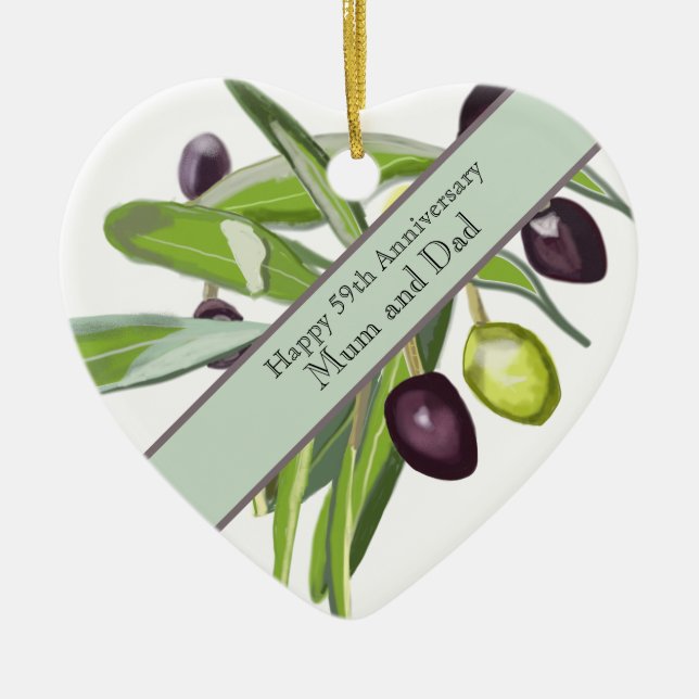 59th Wedding Anniversary Olive  Ceramic Tree Decoration (Front)