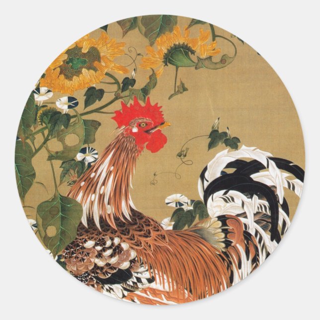 5. 向日葵雄鶏図, 若冲 Sunflower and Rooster, Jakuchū Classic Round Sticker (Front)