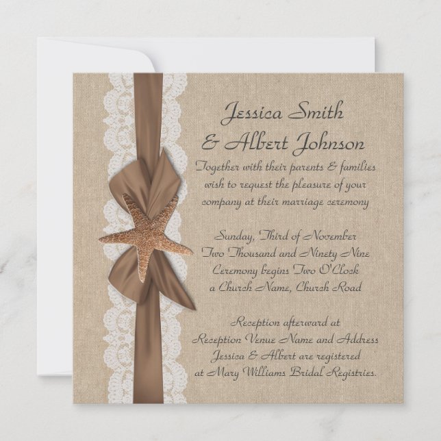 5.25"x 5.25" Elegant Burlap Ribbon Starfish Invite (Front)