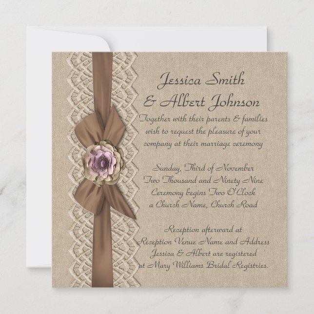 5.25"x 5.25" Romantic Lace Floral Burlap Ribbon Invitation (Front)