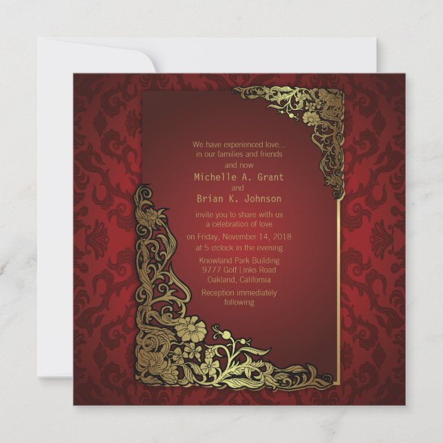 5.25x5.25" Damask Luxury Golden Red Wedding Invite (Front)