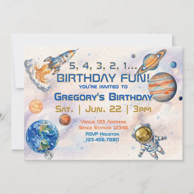5 4 3 2 1 Birthday Fun Space  Invitation (Front)