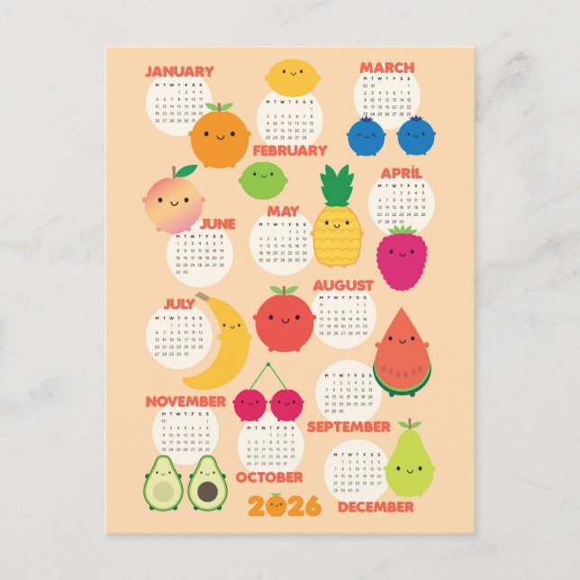 5 A Day Kawaii Fruits 2026 Calendar Postcard (Front)