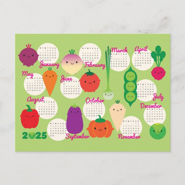 5 A Day Kawaii Vegetables 2025 Calendar Postcard (Front)