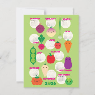5 A Day Kawaii Vegetables 2026 Calendar Postcard