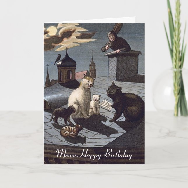 5 Cats singing on a roof at night birthday card (Front)