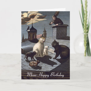 5 Cats singing on a roof at night birthday card