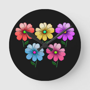 5 Colour Flowers Design Round Clock