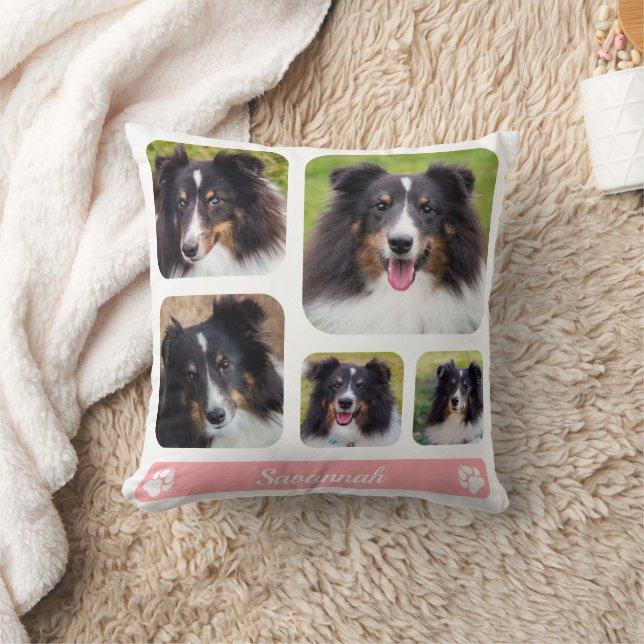 5 Custom Photo Collage Template With Name On Pink Cushion (Blanket)