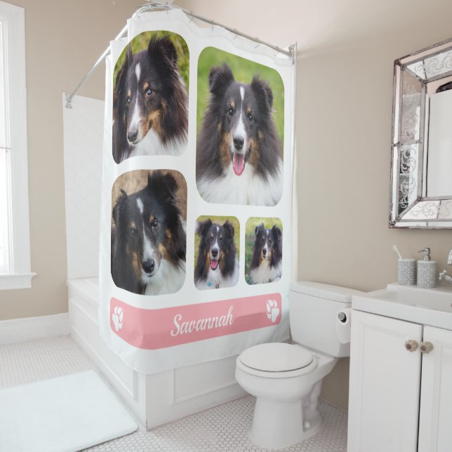 5 Custom Photos Collage Template With Name On Pink Shower Curtain (In Situ)