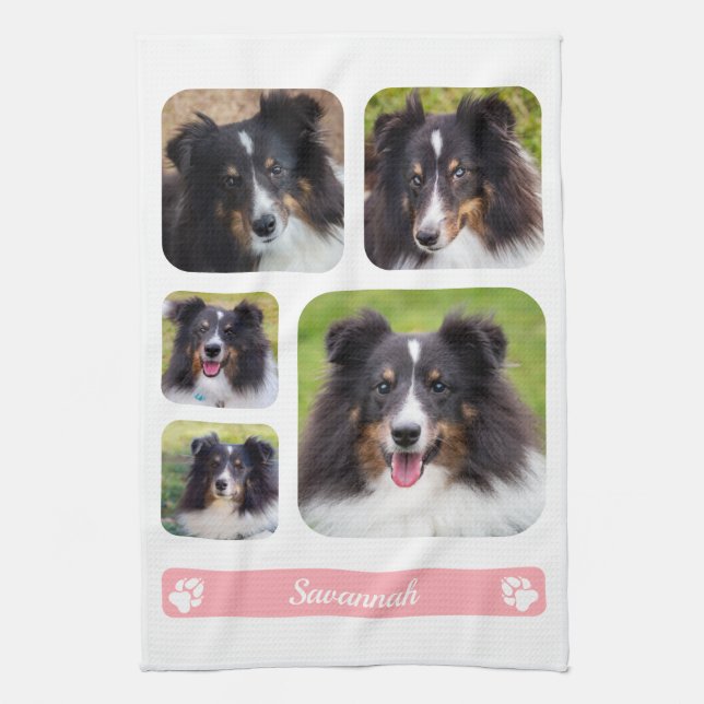 5 Custom Photos Collage Template With Name On Pink Tea Towel (Vertical)