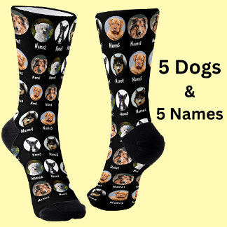 5 Dogs, 5 Names, Dog Photo - Personalised Black Socks