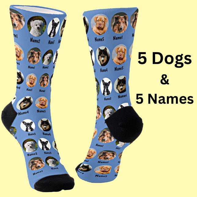 5 Dogs, 5 Names, Dog Photo - Personalised Blue  Socks (Creator Uploaded)
