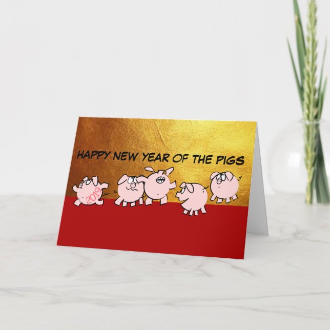5 Funny Cartoon Comics Chinese Pig Year Zodiac GC Holiday Card (Front)