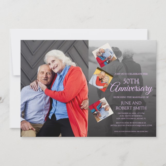 5 photo 50th golden wedding anniversary invitation (Front)