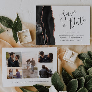 5-Photo Black Rose Gold Agate Save the Date Card
