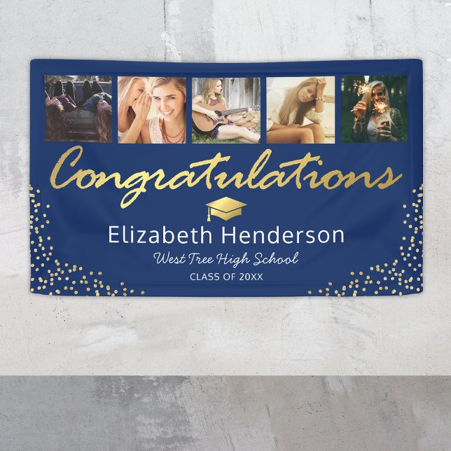 5 Photo Blue Gold Graduation Party Banner (Creator Uploaded)