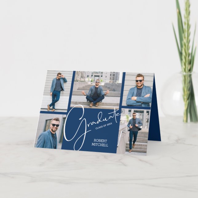 5 Photo Blue Graduation Invitation (Front)