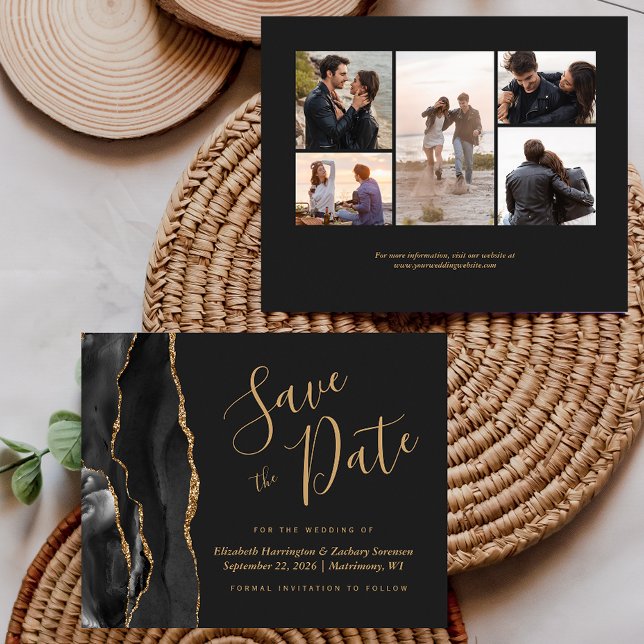 5-Photo Budget Black Gold Agate Dark Save the Date (Creator Uploaded)