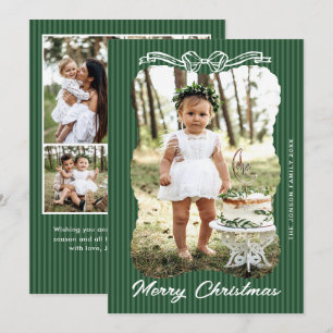 5 Photo Christmas Elegant Vintage Green Lace Bow Holiday Card