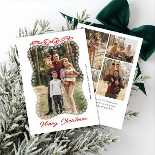 5 Photo Christmas Elegant Vintage Lace Red Bow Holiday Card