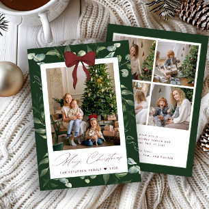 5 photo Christmas greenery red bow Merry Christmas Holiday Card