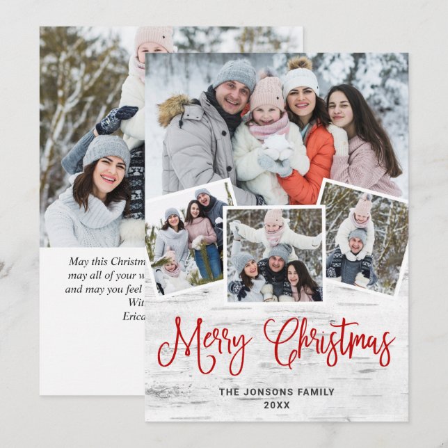 5 PHOTO Christmas Rustic Birch Bark Greeting Holiday Card (Front/Back)