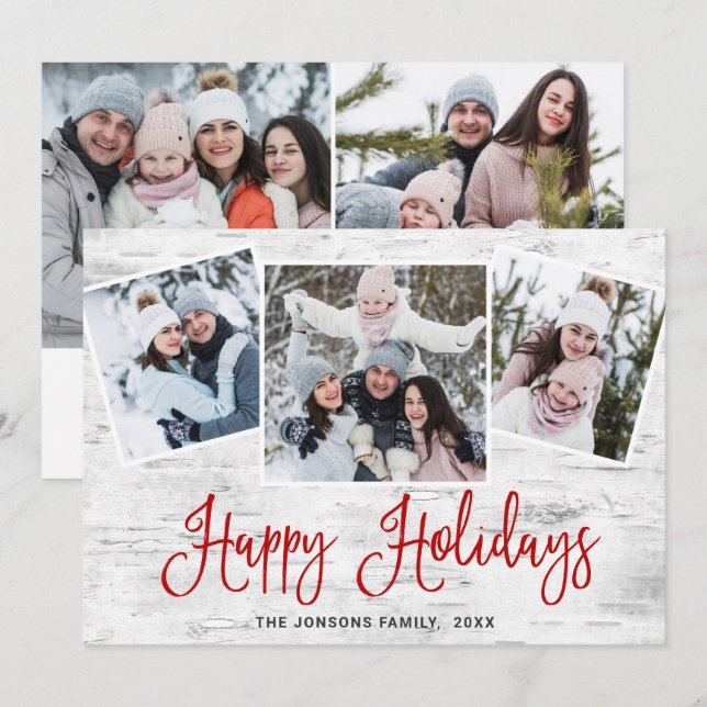 5 PHOTO Christmas Rustic Birch Bark Greeting Holiday Card (Front/Back)